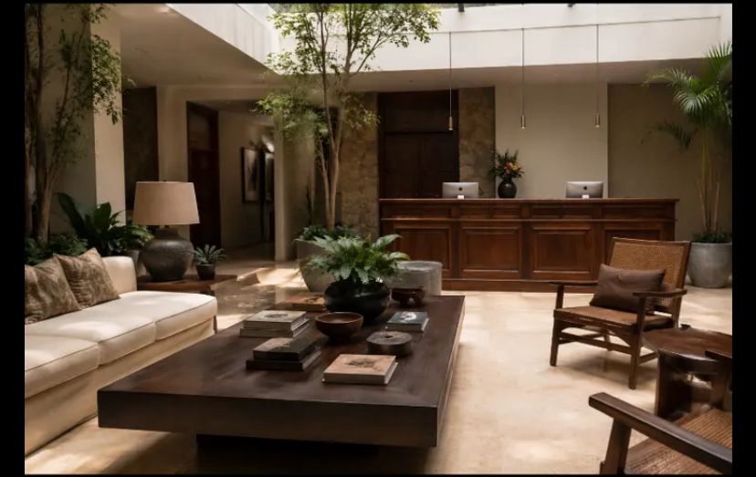 Lobby de hotel boutique con mobiliario de madera