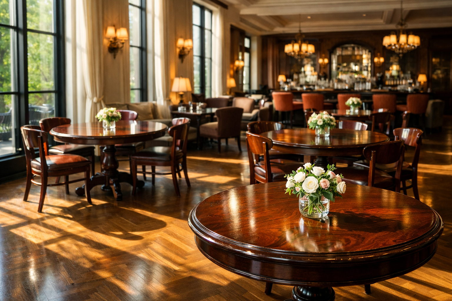 Restaurante elegante con madera impecable
